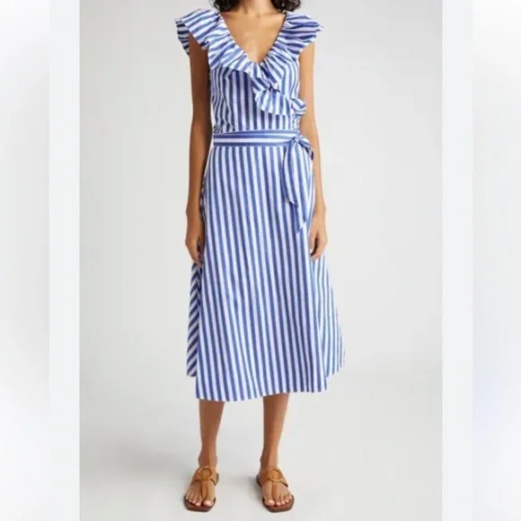 Ralph Lauren Striped Ruffled Shirt Dress Wrap Sleeveless Blue White Stripe Sz 4 - Picture 5 of 14
